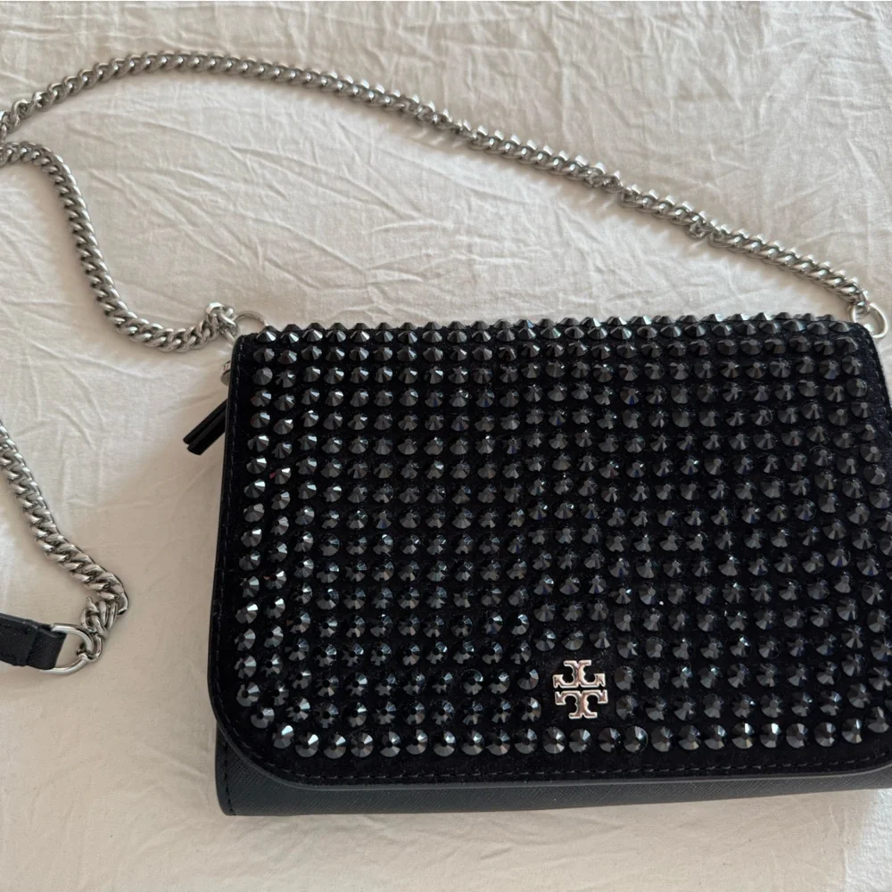 Tory Burch Black Emerson Crystals Chain Wallet Bag - Picture 1 of 5